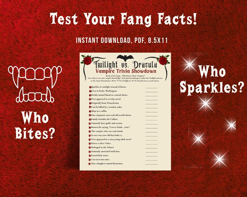 Twilight Vs Dracula, Vampire Trivia Game Printable, Halloween Party ...