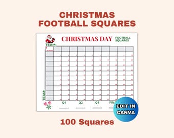 100 Christmas Football Squares, Football Fundraiser, Football Betting, Edit in Canva, Printable Christmas Game, Office Football Pool