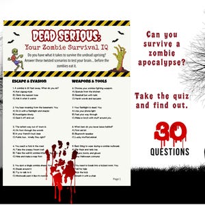 Puede incluir: Un cuestionario de supervivencia zombi titulado "Dead Serious: Your Zombie Survival IQ". La imagen presenta un tema zombi con preguntas sobre escape y armas. El cuestionario tiene 30 preguntas.