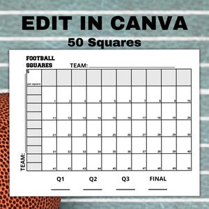 Può includere: Una griglia bianca di quadrati di football con 50 quadrati numerati, progettata per una partita di football. Il testo "EDIT IN CANVA" e "50 Squares" sono in alto. Un pallone da football è parzialmente visibile in basso a sinistra.
