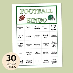 Football Bingo, Football Activity, Gameday Bingo, 30 Unique Printable Cards, Watch party Game, Kids Game, Family Fun Night, Instant Download
