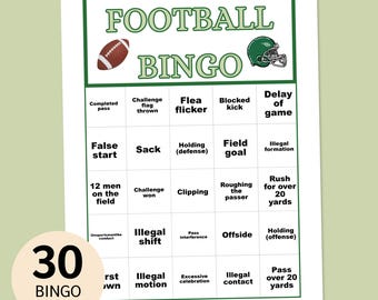 Voetbalbingo, 30 unieke afdrukbare kaarten, Big Game-activiteit (directe download)