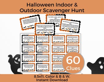 May include: A Halloween-themed scavenger hunt with 60 clues. The design features orange and black accents, with text that reads "Halloween Indoor & Outdoor Scavenger Hunt." Includes a variety of clues and a ghost silhouette.