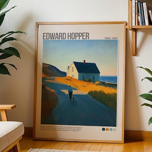 Może przedstawiać: Plakata w ramie przedstawiający obraz Edwarda Hoppera zatytułowany "House by the Railroad". Obraz przedstawia biały dom z czerwonym dachem, na tle niebieskiego nieba i trawiastego pola. Samotna postać idzie ścieżką w kierunku domu.