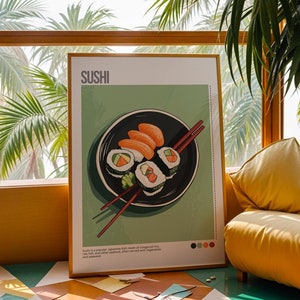 Sushi Poster, Food Print, Modern Kitchen Decor, Illustration, Japanese, Ramen, Dumplings, Kimchi, Exhibition Poster, Retro Wall Art, Digital