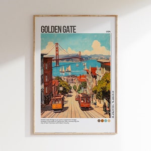 San Francisco Watercolor Painting, GoldenGate Bridge Poster, California Wall Art, Travel Print, Retro Wall Art