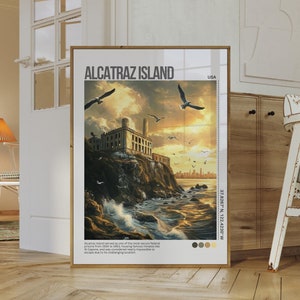 Alcatraz Island Travel Poster, Dramatic Coastal Prison Wall Art Print, Historic San Francisco Illustration, Moody Ocean Scene Printable Art