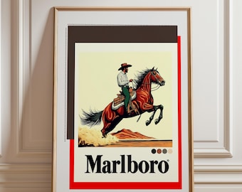 Vintage Marlboro Cowboy Poster, Bold Retro Western Wall Art Print