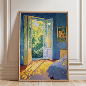 Sunlit Serenity - Open Fenster Blau Raumkunst | Digitales Poster im Monet-Stil, Wohnkultur, digitale Kunst, Geschenkideen, Plakat, Monet-Stil-Plakat