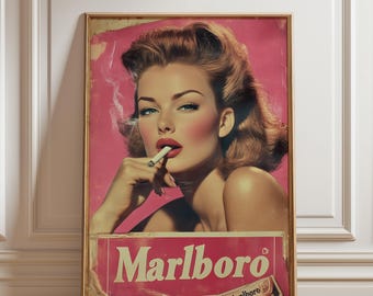 Vintage Marlboro Woman Poster, Retro Pin Up Girl Wall Art Print, Bold Mid Century Glamour Illustration, Classic Advertising Printable Art