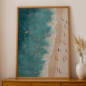 Digital Download, Summer Wall Art, Tiny People Swimming in Ocean Print, Summer Poster, Beach House Decor, Minimalist Printable Wall Art