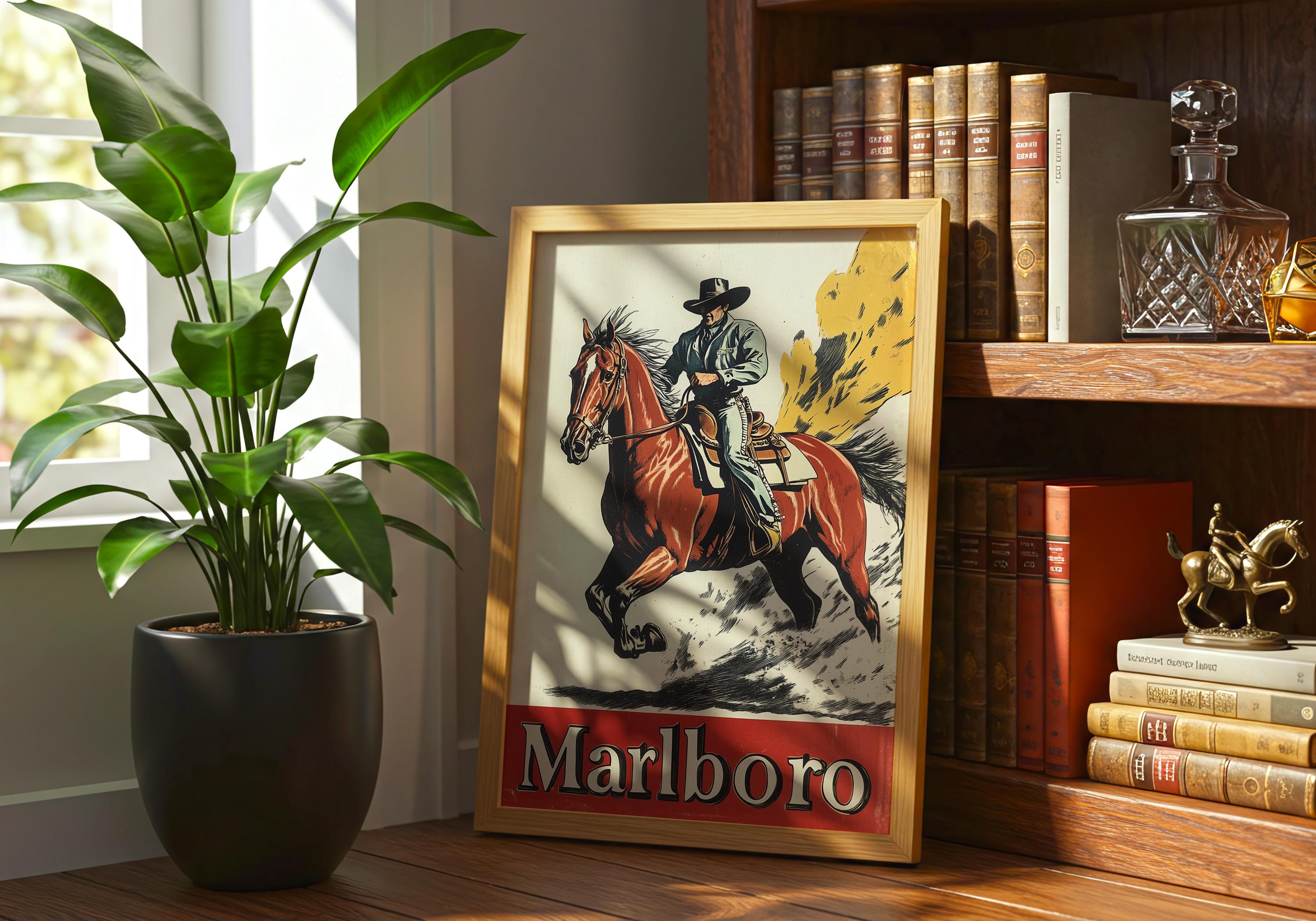 Vintage Marlboro Cowboy Poster, Retro Western Horse Riding Wall