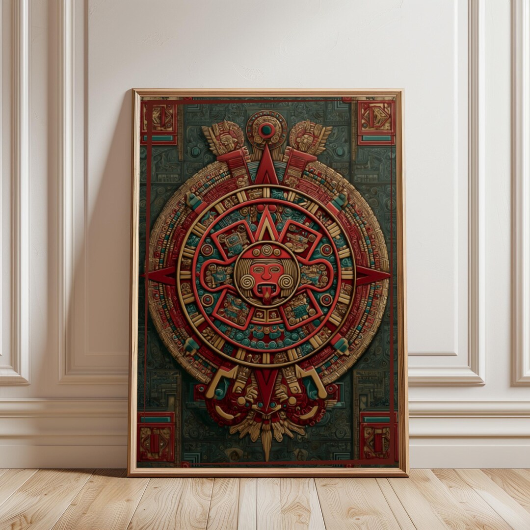 Aztec Calendar Printable Wall Art, Ancient Mesoamerican Sun Stone