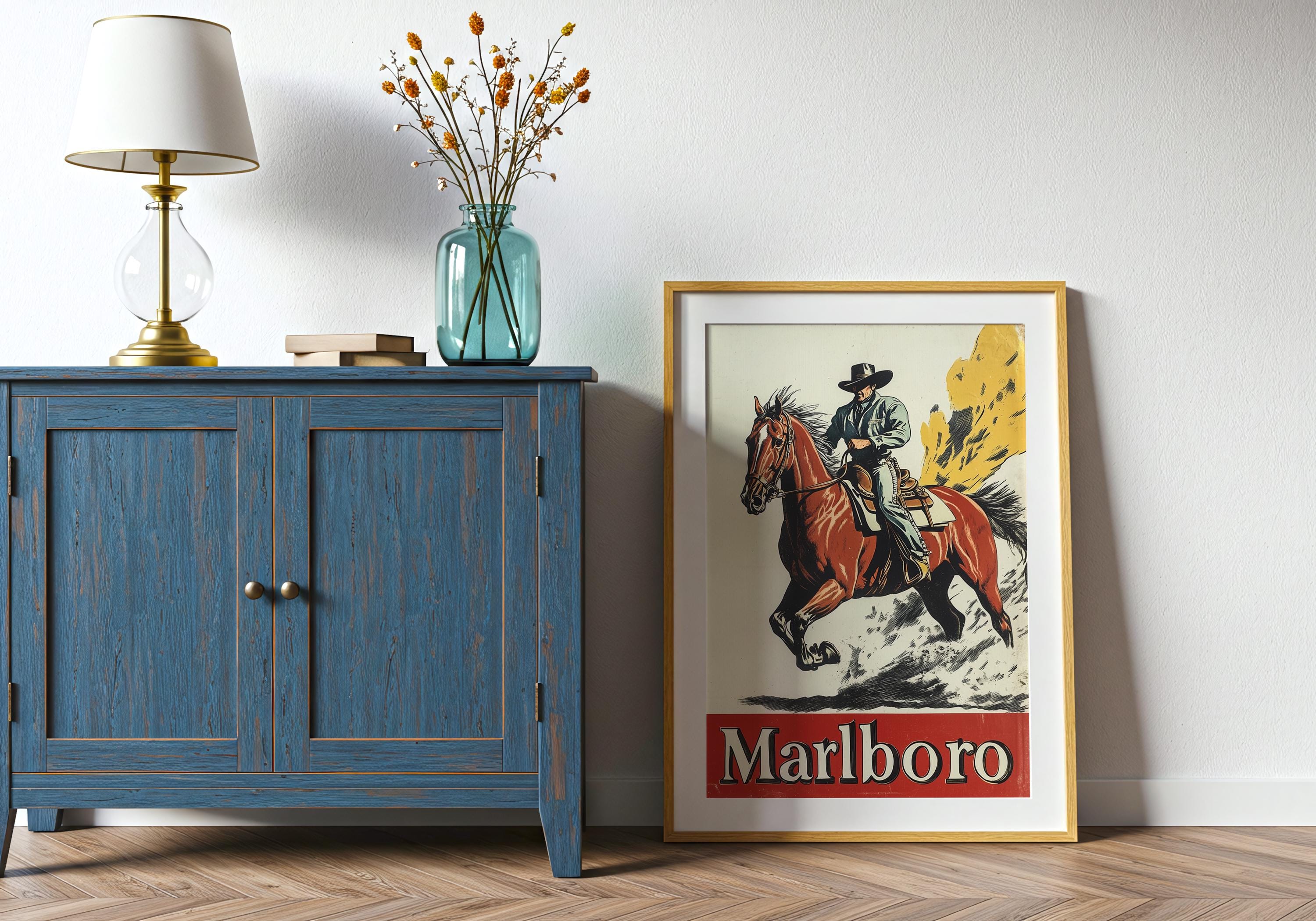 Vintage Marlboro Cowboy Poster, Retro Western Horse Riding Wall