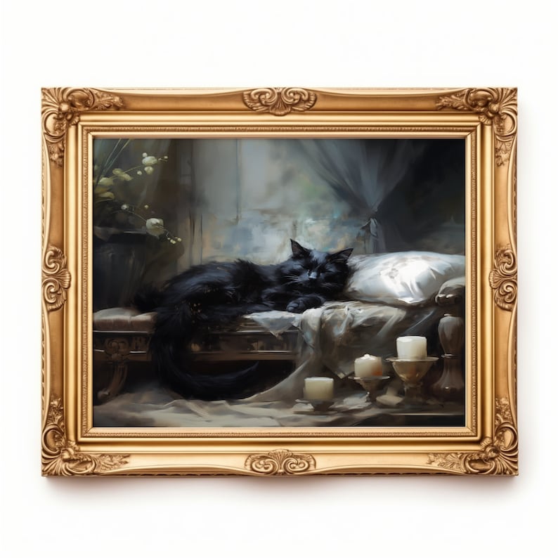 Moody Black Cat Sleep Antique Vintage Dark Academia Printable Wall Art ...