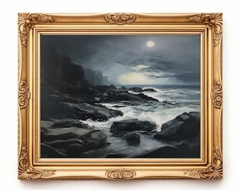 Humeurige nautische oceaanscène met donkere lucht, gotische donkere academische wereld, donkere cottage kern esthetiek, Wall Art Home Decor digitale kunstafdrukken