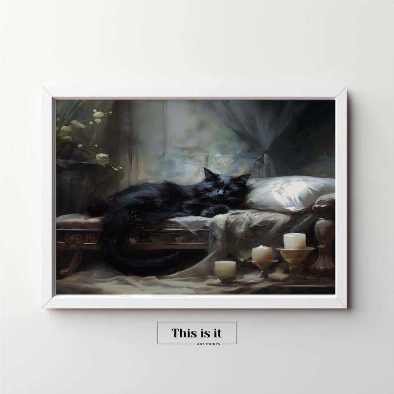 Moody Black Cat Sleep Antique Vintage Dark Academia Printable Wall Art ...