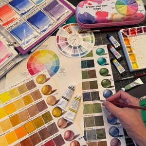 Op de afbeelding: Een werkruimte van een aquarelkunstenaar met diverse kunstbenodigdheden. Bevat verftubes, kleurenpaletten, kleurenschema's, een etui met de tekst "Create your own magic" en een kleurenwiel. Het kleurenpalet bevat tinten blauw, groen, geel en rood.