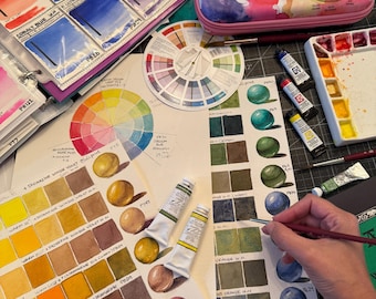 Tabla de mezcla de acuarelas: Guía de referencia de colores (descarga digital, PDF y JPEG) / Prepintada - No es una plantilla en blanco.