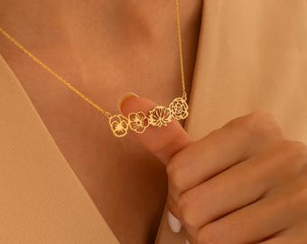 14K Solid Gold Geburtsblume Halskette -Blumenstrauß Halskette-Personalisiertes Geschenk, Geburtsblume Familiengeschenk-Muttertagsgeschenk-Geschenk für Sie