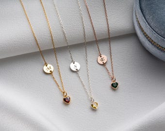 Dainty Initial Necklace with Heart Birthstone, Custom Letter Necklace, Birthstone Jewellery, 18th Birthday Gifts for Her, Christmas Gift