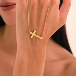 Dainty Gold Cross Necklace with Name Custom Cross Name Necklace Personalized Baptism Cross Necklace , First Communion Gifts for Girls
