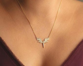 Archangel Michael Necklace With Zircon Stones, Gold Angel Wings Necklace : St. Michael's Protective Sword Pendant