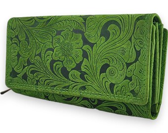 Women's purse made of genuine buffalo leather with RFID protection,leather print in green
