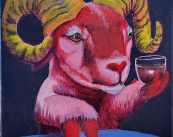 オリジナルの羊の絵画：大きなアクリル動物の肖像画 24x24インチ