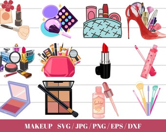 Makeup SVG PNG Layered Clipart Cute Pink Girl Beauty Cosmetics Mascara Lipstick Nail Polish Blush Party Vector Graphic Cut File Card Making