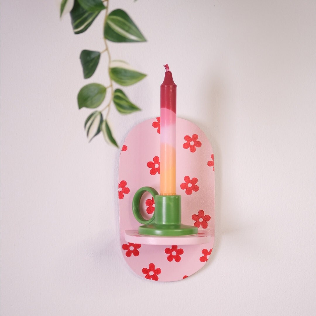 Pink Oval Wooden Shelf with Red Flowers - Dopamine Decor Shelf - Decorative Shelf - Original Colorful Shelf