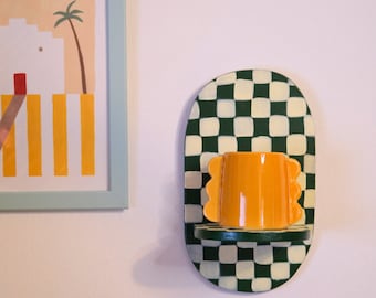 Green and yellow checkered Oval shelf - funky dopamine decor retro shelf - decorative shelf - original colorful shelf