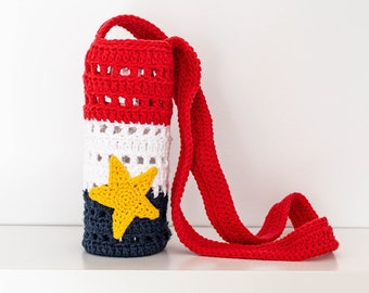 Hand-made crochet water bottle holder in the colors of Acadia