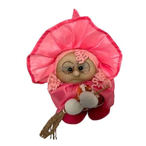 Charming Hand-Sewn Witch Doll with Vibrant Hat and Cape - Whimsical Fabric Decor or Gift