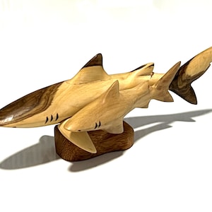 Hand-Carved Wooden Shark Mother and Calf Sculpture – Unique Ocean Decor