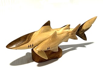 Hand-Carved Wooden Shark Mother and Calf Sculpture – Unique Ocean Decor