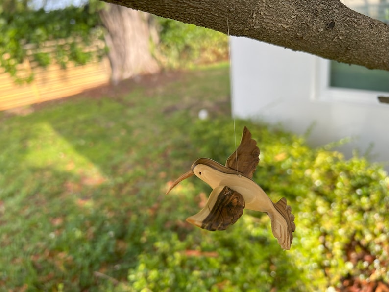 Hummingbird hand carved in wood with Varnished Finish