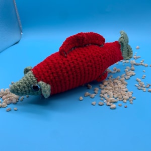 May include: A crocheted fish toy featuring a vibrant red body with a textured stitch pattern. The head, fins, and tail are crafted in a muted sage green yarn. The fish has a single visible dark blue eye and is surrounded by small light-colored pebbles.