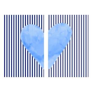 Marineblauwe en blauw gestreepte aquarel hartprint