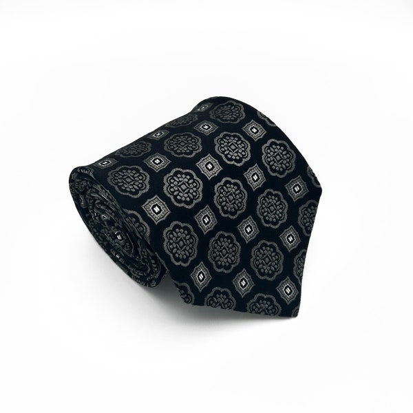 Vintage Hugo Boss Silk Tie - Ornamental Floral Pattern, Black, Gray, Made in Italy
