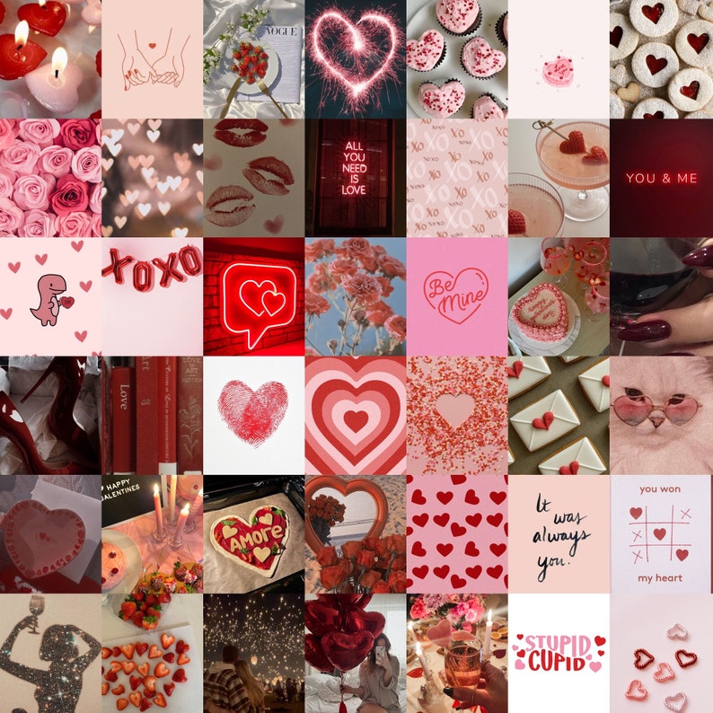 50 Piece Red White and Pink Aesthetic Wall Collage Kit Dorm Decoration