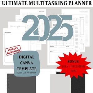 May include: A digital planner template for 2025 with a grey and white colour scheme. The template includes sections for goals, yearly, monthly, weekly, daily, affirmations, monthly reflection, and brain dump notes. The template is fully customisable and can be used in Canva.