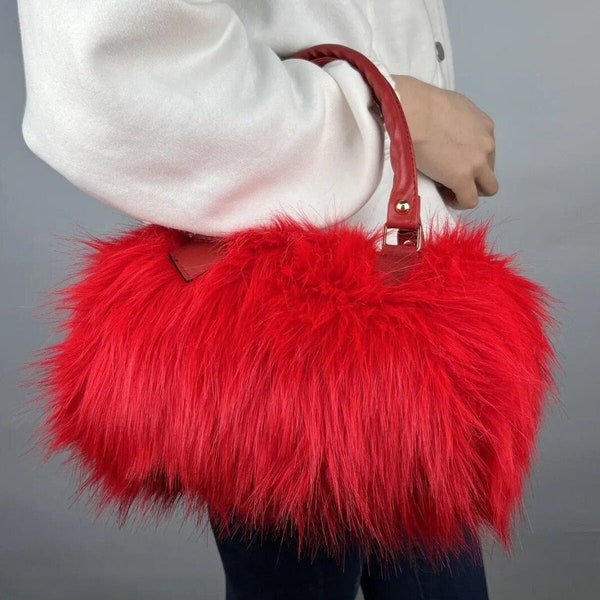Women's Red Cylinder Fluffy Hairy Plush Bag, Valentine's Day Gift, Happy Valentine's Day Gift Packages, Valentine's Day Gift for Your Wife