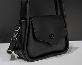 Women's Black Buttoned Model Shoulder Bag; Unique Bag, Simple and Stylish Bag, Classic Bag, Modern Bag, Noble Bag