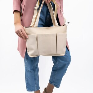 Damen Canvas Stofftasche, 3-Fach-Front-Einkaufstasche, große Tasche mit Reißverschluss, Vintage-Tasche, Einkaufstasche