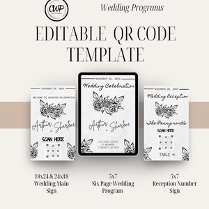 Könnte beinhalten: Werbung für bearbeitbare QR-Code-Hochzeitvorlagen. Das Bild zeigt ein Hochzeits-Hauptschild, ein sechsseitiges Hochzeitsprogramm und ein Rezeptionsnummernschild. Die Vorlagen enthalten Blumendesigns und die Namen "Arthur + Sharlene."