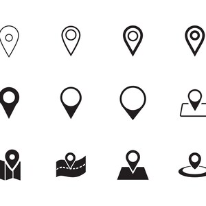 May include: A collection of black and white location pin icons. The icons vary in style, including solid, outlined, and map-integrated designs. Some pins have a circular top, while others are pointed.