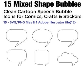 Cartoon Speech Bubble Icons – 15 Mixed Shape SVG, PNG, AI Files