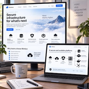 May include: A computer monitor and a laptop displaying the Nimbus cloud services website, a white mug with the text Good systems build brighter tomorrows, and a spiral notebook with a handwritten plan on a wooden desk surface.