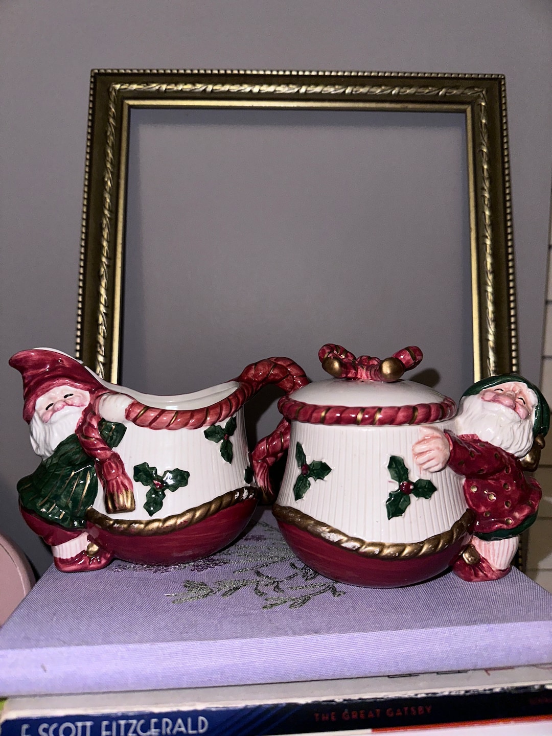 Vintage 1989 Fitz and Floyd Old World Elves Christmas Cream and Sugar